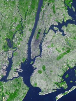 Satellite imagery illustrating topography of the urban core of the New York City Metropolitan Area, with Manhattan Island at its center.