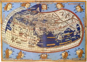 A medieval depiction of the Ecumene (1482, Johannes Schnitzer, engraver), constructed after the coordinates in Ptolemy's Geography and using his second map projection. The translation into Latin and dissemination of Geography in Europe, in the beginning of the 15th century, marked the rebirth of scientific cartography, after more than a millennium of stagnation.
