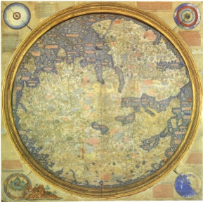 The Fra Mauro map, one great medieval European map, was made around 1450 by the Venetian monk Fra Mauro. It is a circular world map drawn on parchment and set in a wooden frame, about two meters in diameter
